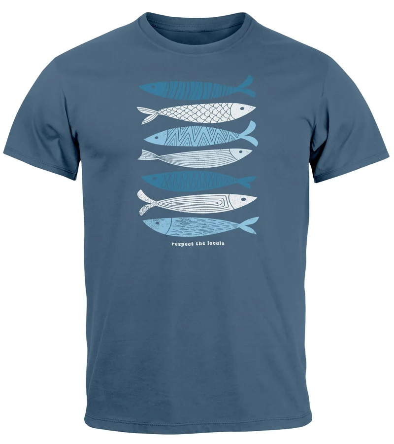 Herren T-Shirt Motiv Maritim Meer Fische Sommer Urlaub Spruch Respect the Locals Fashion Streetstyle