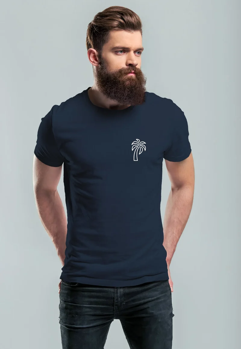 Herren T-Shirt Palme Logo Print Sommer Badge Emblem Minimal Line Art Fashion Streetstyle