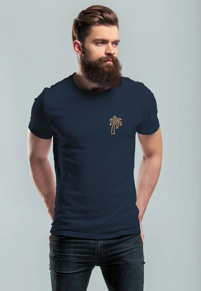 Herren T-Shirt Palme Logo Print Sommer Badge Emblem Minimal Line Art Fashion Streetstyle