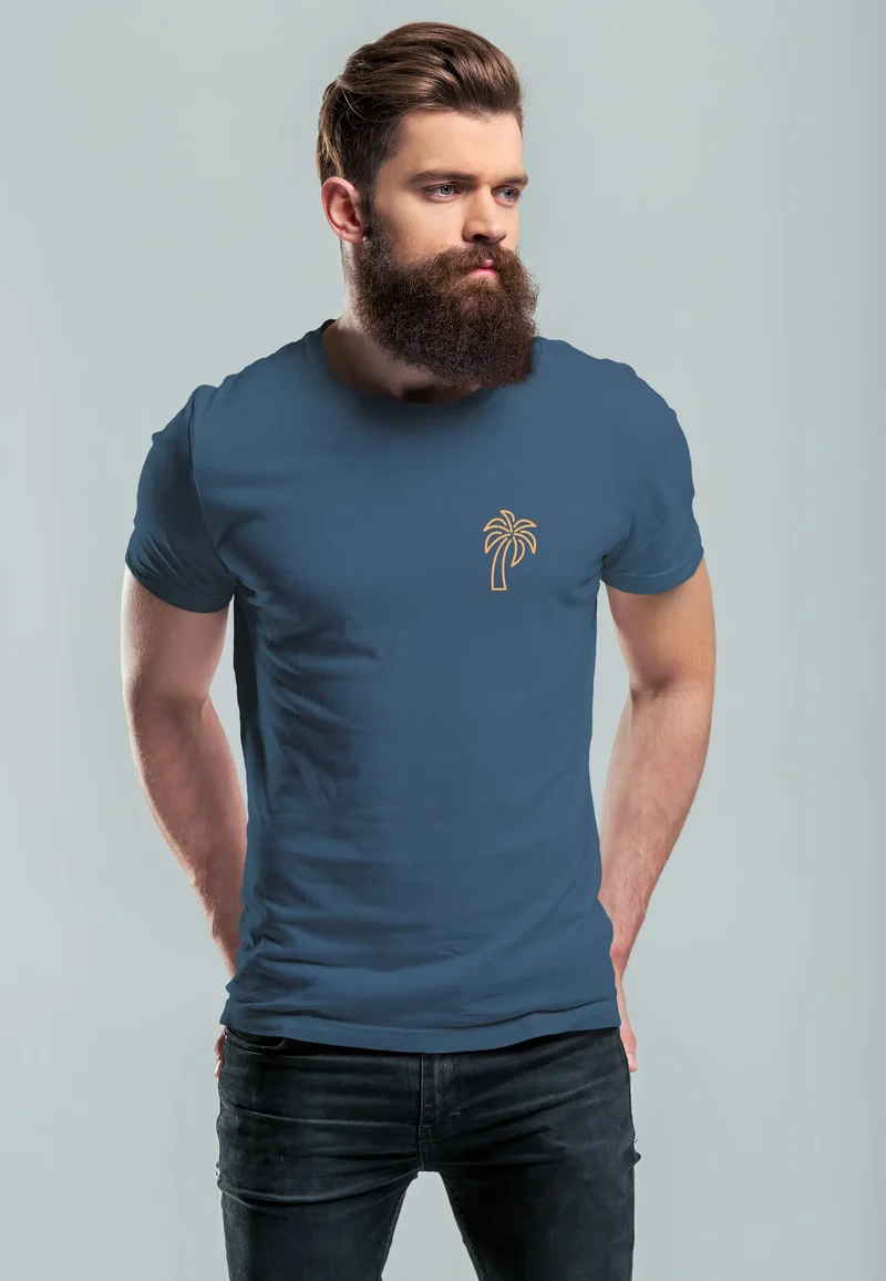 Herren T-Shirt Palme Logo Print Sommer Badge Emblem Minimal Line Art Fashion Streetstyle