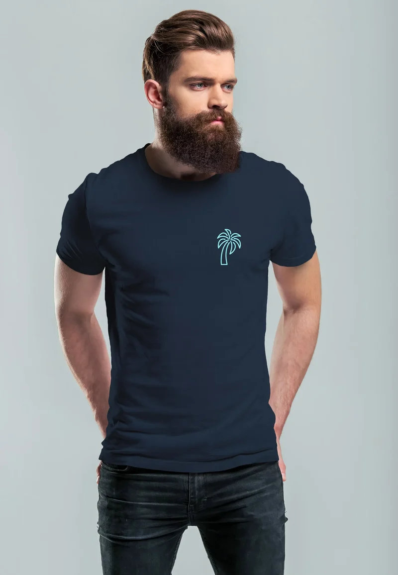 Herren T-Shirt Palme Logo Print Sommer Badge Emblem Minimal Line Art Fashion Streetstyle