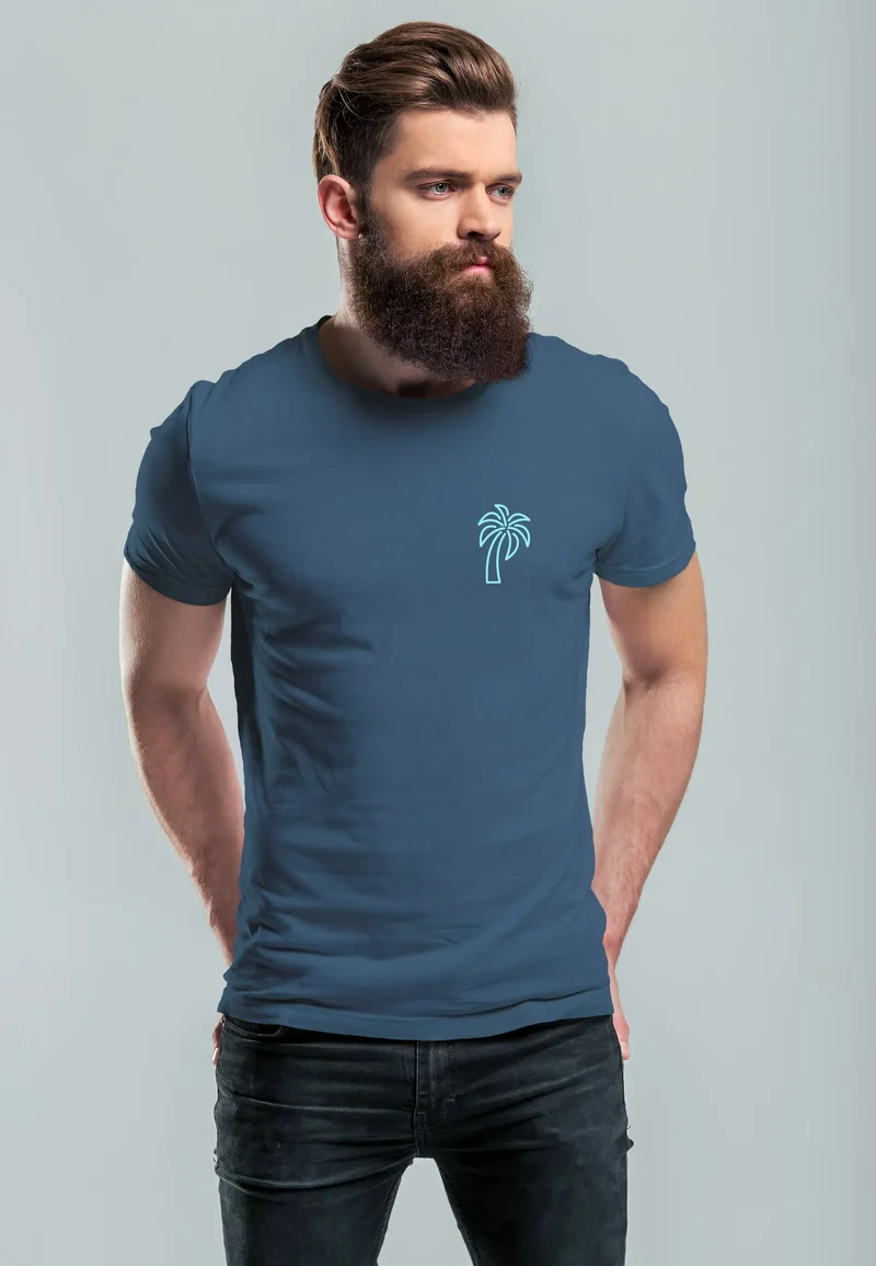 Herren T-Shirt Palme Logo Print Sommer Badge Emblem Minimal Line Art Fashion Streetstyle