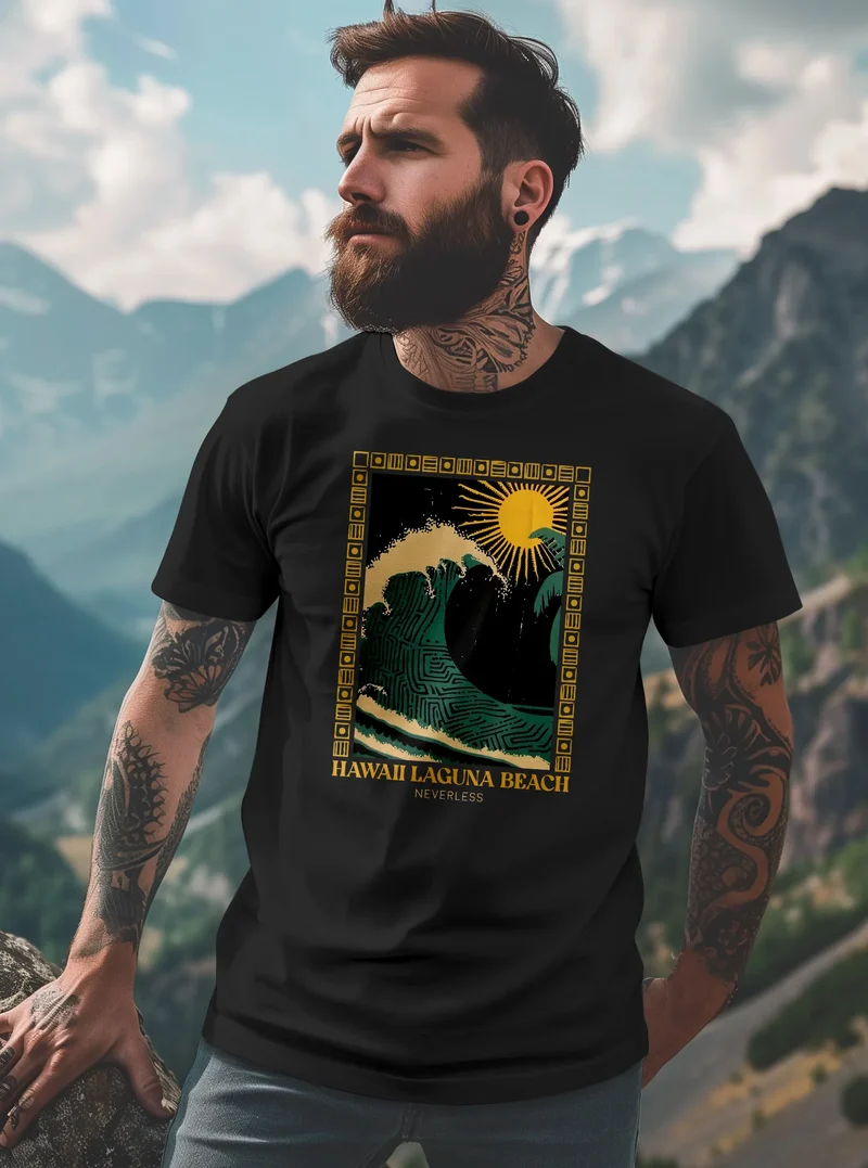 Herren T-Shirt mit Print Aufdruck Surfing Welle Big Wave Hawaii Sommer Strand Meer Fashion Streetstyle