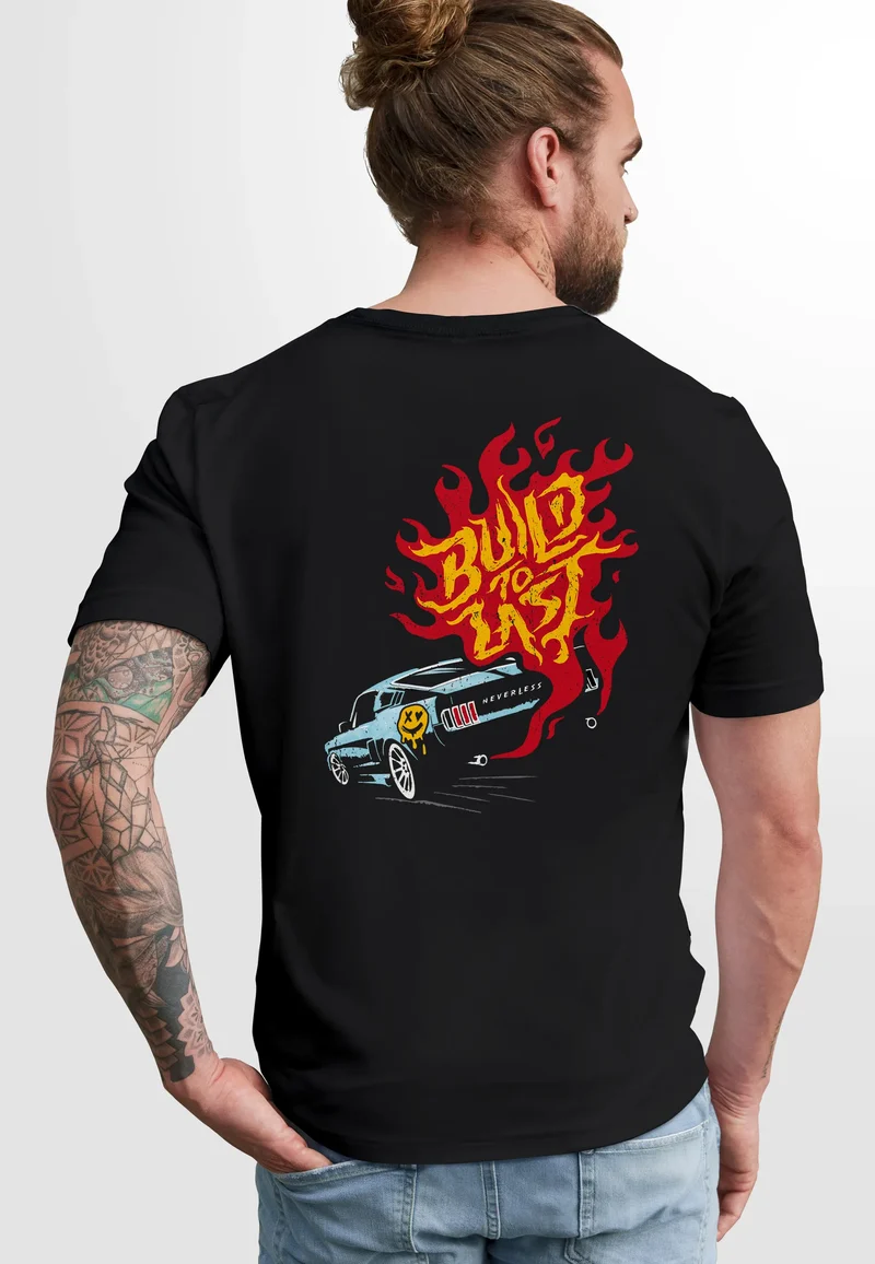 Backprint T-Shirt Herren Verbrenner Auto Benzin Flammen Spruch "Build to last" Rückenprint Brustlogo Fashion