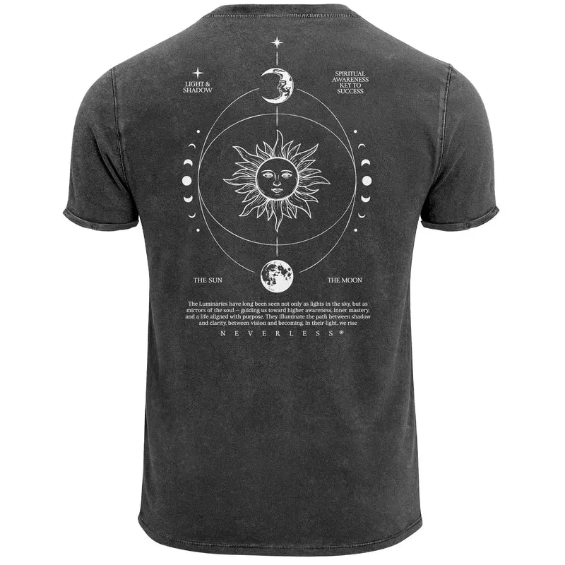Herren Vintage T-Shirt Backprint Sonne Mond | Spirituelles Grafikshirt | Printshirt Astrologie Design Cosmic Style | Baumwolle Used Look