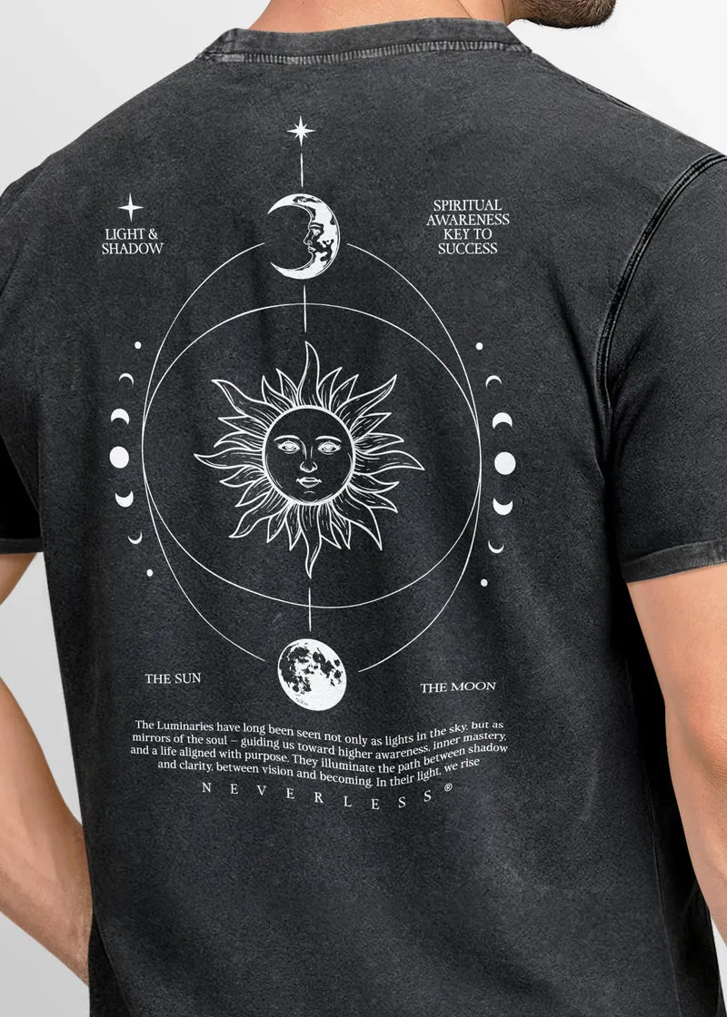 Herren Vintage T-Shirt Backprint Sonne Mond | Spirituelles Grafikshirt | Printshirt Astrologie Design Cosmic Style | Baumwolle Used Look