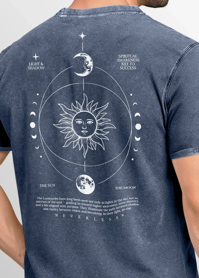 Herren Vintage T-Shirt Backprint Sonne Mond | Spirituelles Grafikshirt | Printshirt Astrologie Design Cosmic Style | Baumwolle Used Look