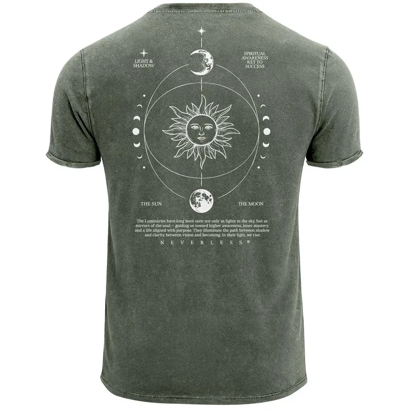 Herren Vintage T-Shirt Backprint Sonne Mond | Spirituelles Grafikshirt | Printshirt Astrologie Design Cosmic Style | Baumwolle Used Look