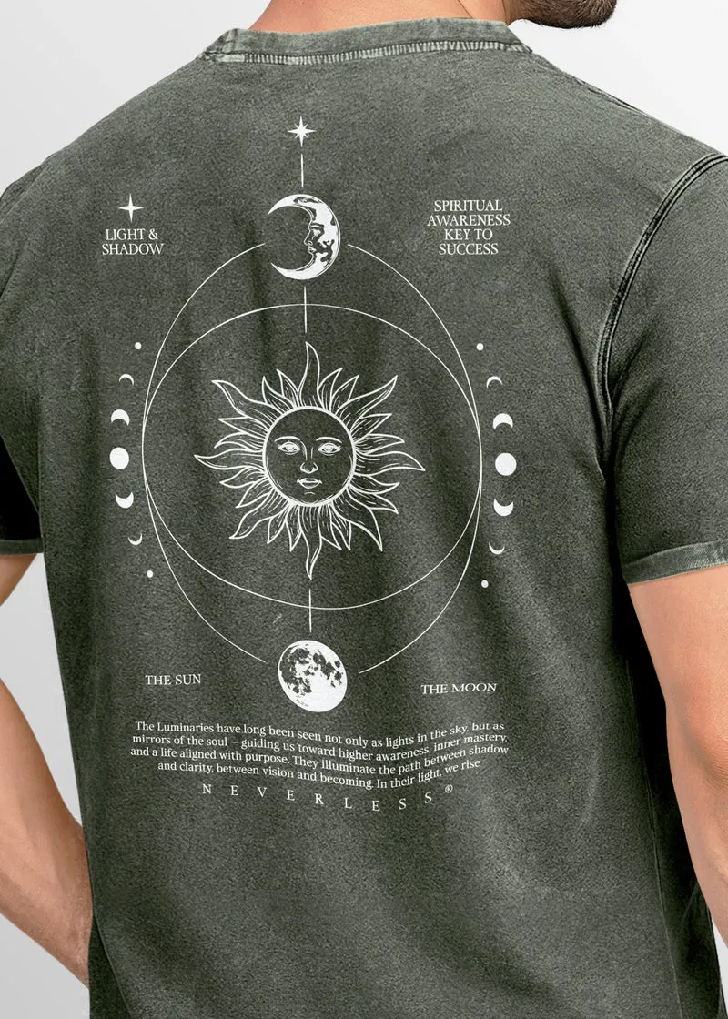 Herren Vintage T-Shirt Backprint Sonne Mond | Spirituelles Grafikshirt | Printshirt Astrologie Design Cosmic Style | Baumwolle Used Look