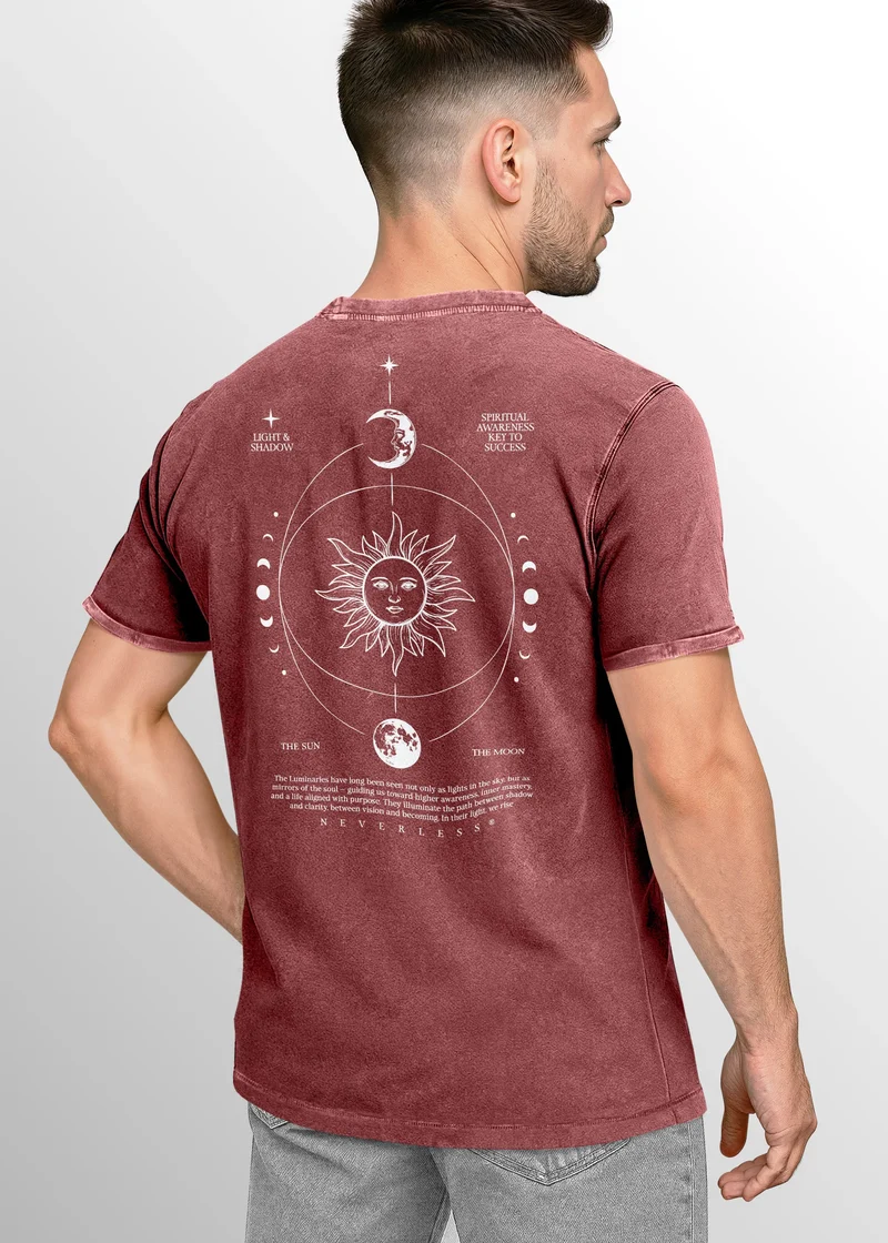Herren Vintage T-Shirt Backprint Sonne Mond | Spirituelles Grafikshirt | Printshirt Astrologie Design Cosmic Style | Baumwolle Used Look
