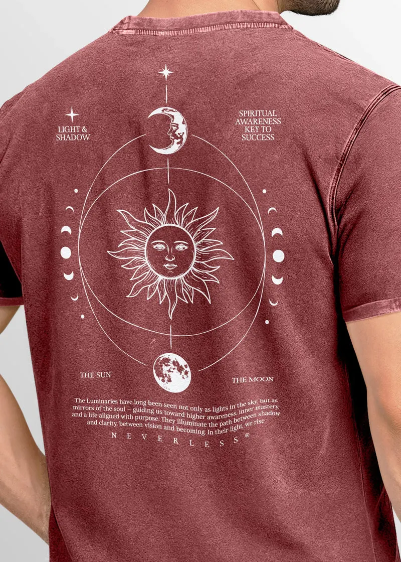 Herren Vintage T-Shirt Backprint Sonne Mond | Spirituelles Grafikshirt | Printshirt Astrologie Design Cosmic Style | Baumwolle Used Look