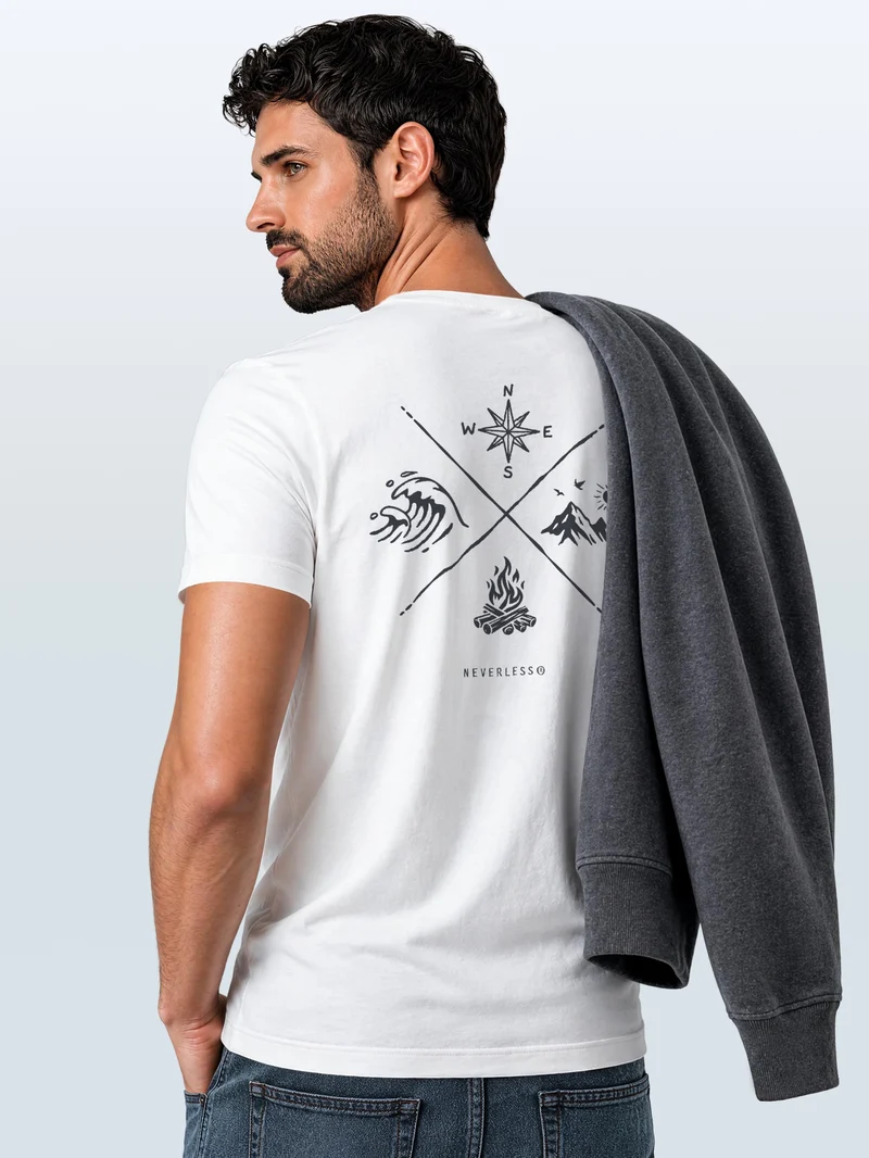 Herren T-Shirt Backprint - Outdoor Design Nature Compass - Baumwollshirt Männer Fashion Streetstyle Slim Fit