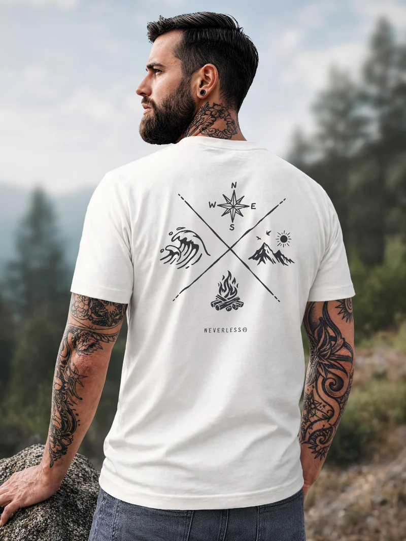 Herren T-Shirt Backprint - Outdoor Design Nature Compass - Baumwollshirt Männer Fashion Streetstyle Slim Fit