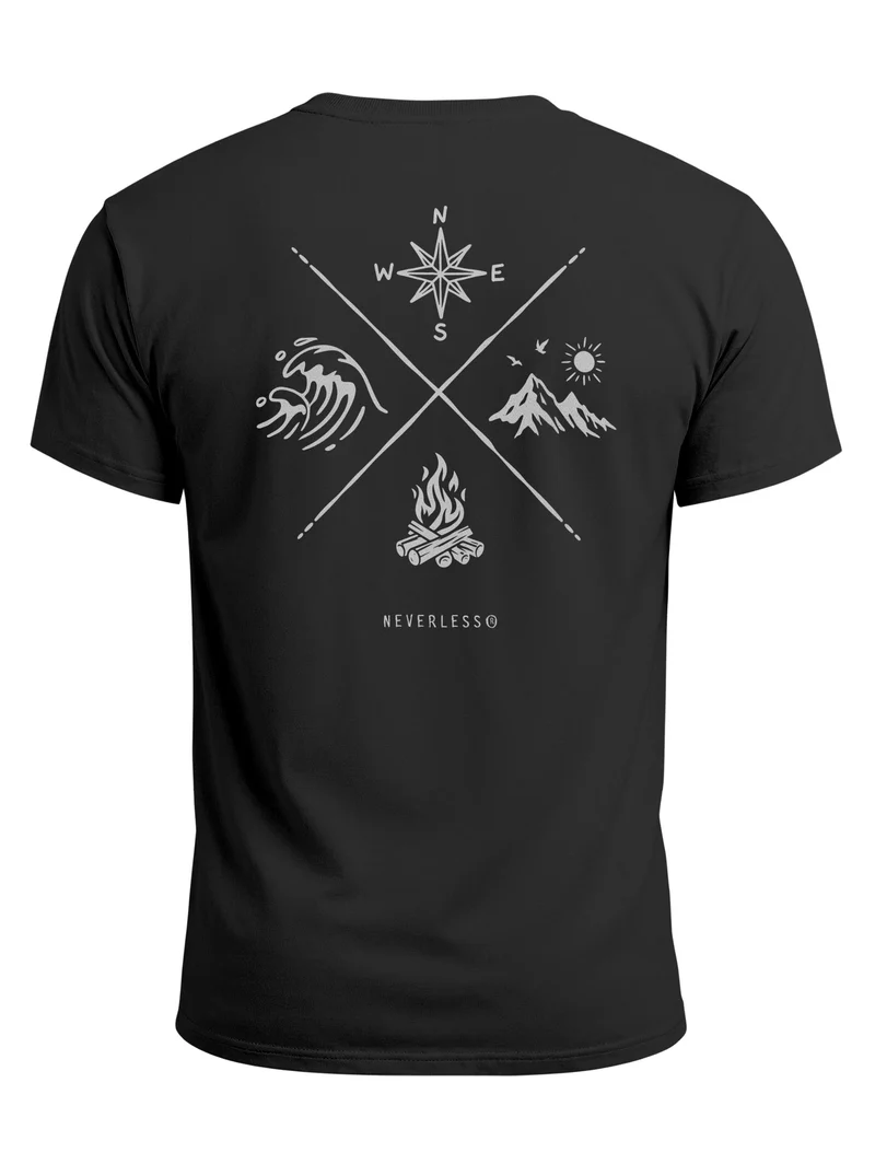 Herren T-Shirt Backprint - Outdoor Design Nature Compass - Baumwollshirt Männer Fashion Streetstyle Slim Fit