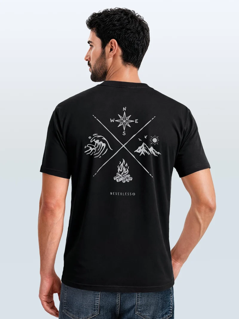 Herren T-Shirt Backprint - Outdoor Design Nature Compass - Baumwollshirt Männer Fashion Streetstyle Slim Fit