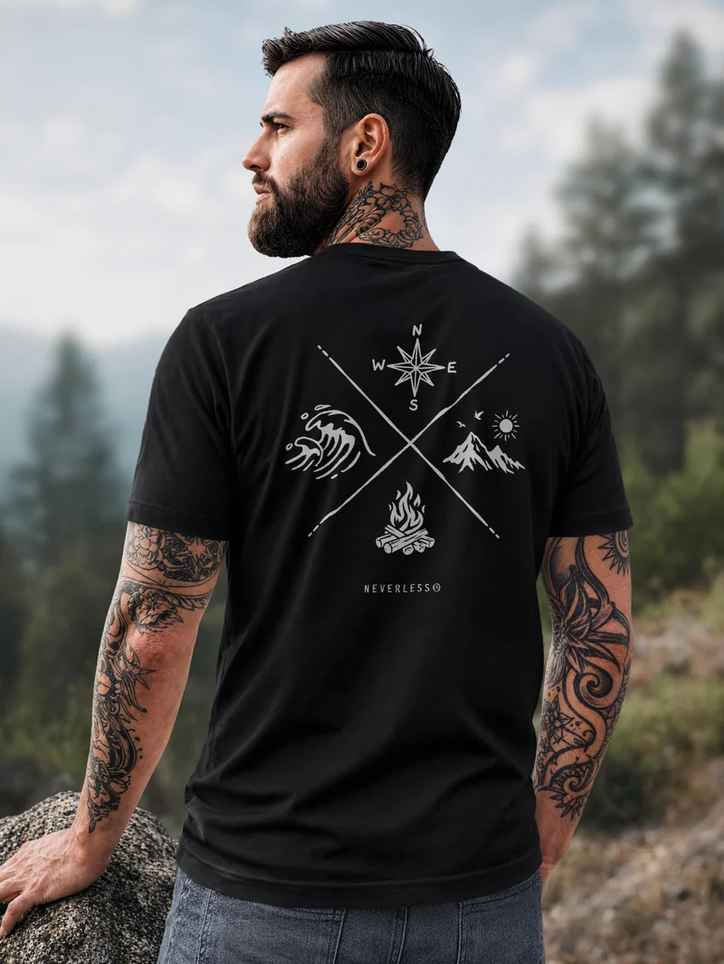 Herren T-Shirt Backprint - Outdoor Design Nature Compass - Baumwollshirt Männer Fashion Streetstyle Slim Fit