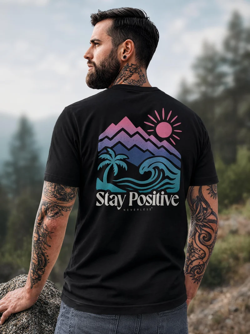 Herren T-Shirt Backprint - Design Mountain Sun - Baumwollshirt Männer Fashion Streetstyle Slim Fit