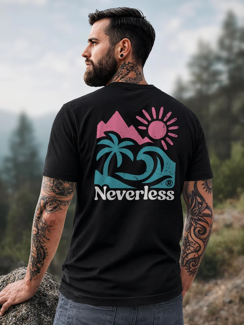 Herren T-Shirt Backprint - Design Beach Mountain - Baumwollshirt Männer Fashion Streetstyle Slim Fit