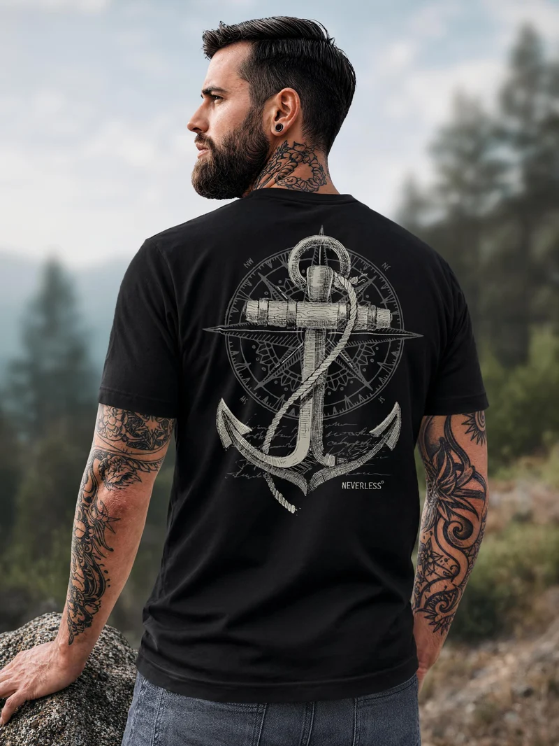 Herren T-Shirt Backprint - Anker Design - Baumwollshirt Männer Fashion Streetstyle Slim Fit
