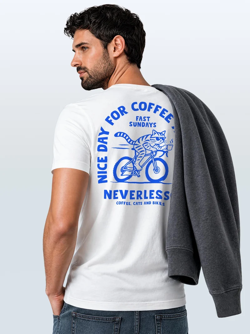Herren T-Shirt Coffee Cat Bike Backprint Slim Fit
