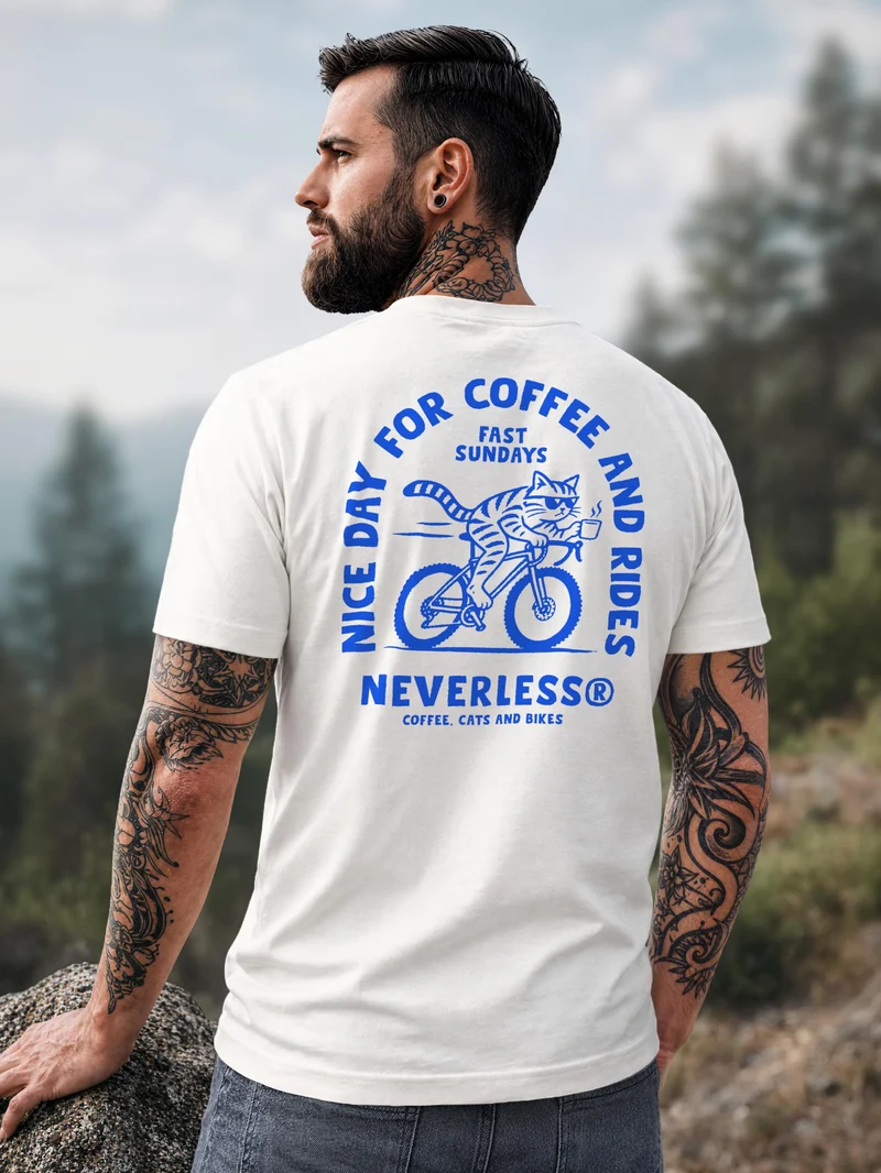 Herren T-Shirt Coffee Cat Bike Backprint Slim Fit