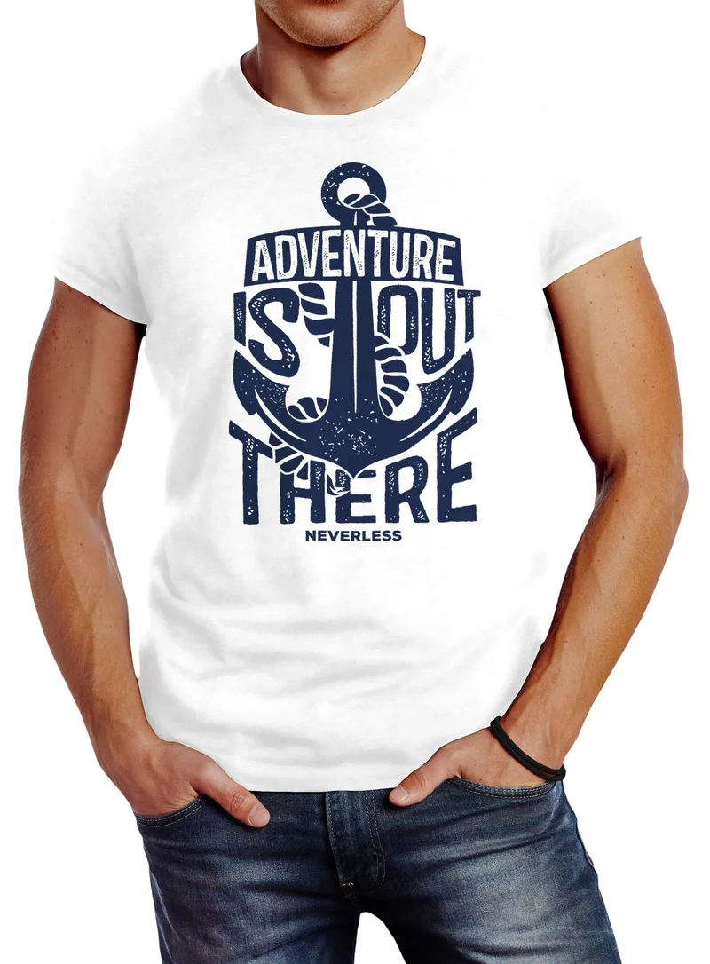 Herren T-Shirt Adventure is out there Anker mit Spruch Abendteuer Slim Fit