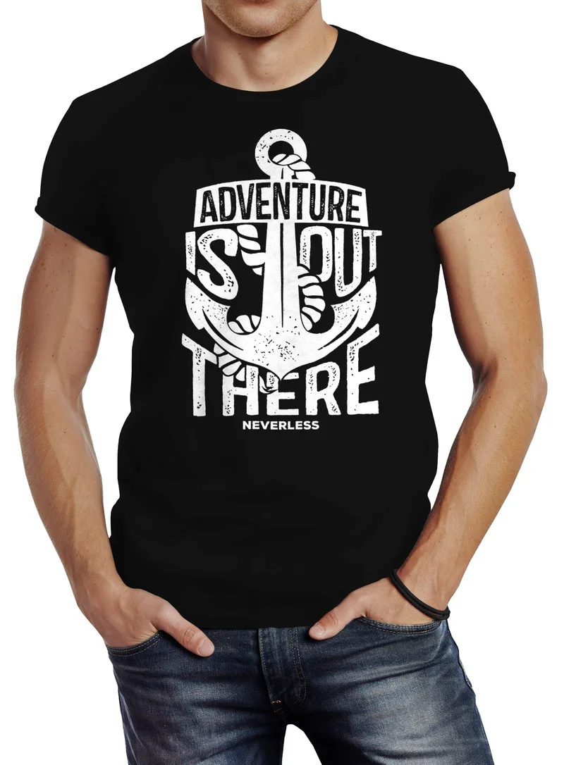 Herren T-Shirt Adventure is out there Anker mit Spruch Abendteuer Slim Fit