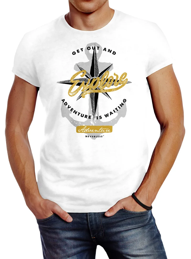 Herren T-Shirt Anker Windrose Nautical Adventure Go out and explore Abenteuer Slim Fit Baumwolle