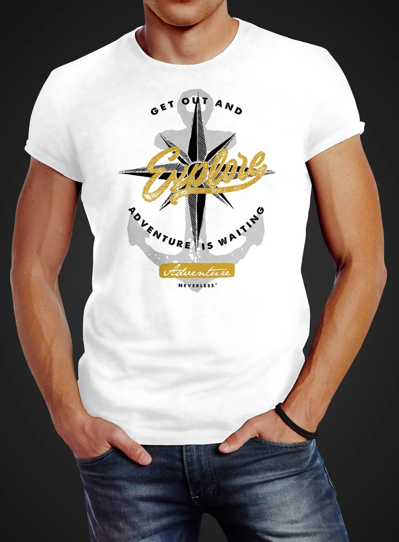 Herren T-Shirt Anker Windrose Nautical Adventure Go out and explore Abenteuer Slim Fit Baumwolle