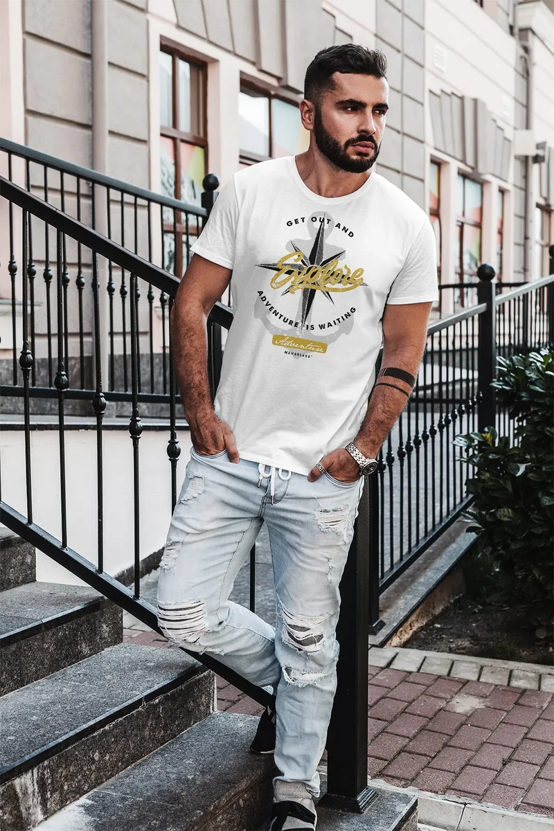 Herren T-Shirt Anker Windrose Nautical Adventure Go out and explore Abenteuer Slim Fit Baumwolle
