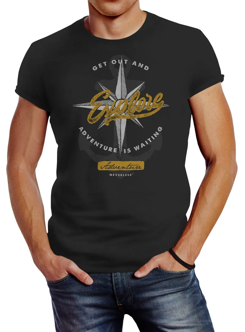 Herren T-Shirt Anker Windrose Nautical Adventure Go out and explore Abenteuer Slim Fit Baumwolle
