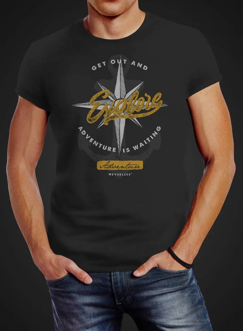 Herren T-Shirt Anker Windrose Nautical Adventure Go out and explore Abenteuer Slim Fit Baumwolle