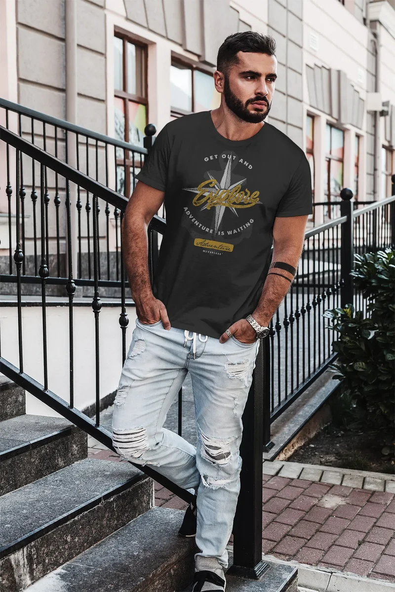 Herren T-Shirt Anker Windrose Nautical Adventure Go out and explore Abenteuer Slim Fit Baumwolle