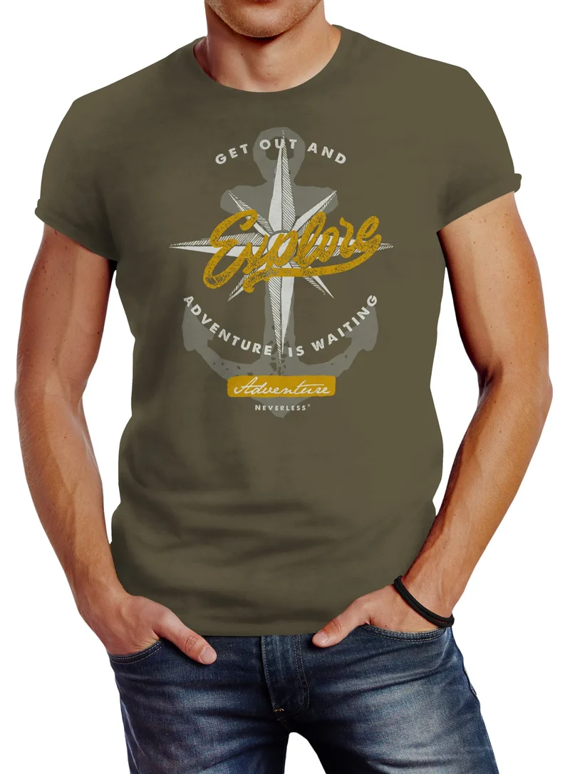 Herren T-Shirt Anker Windrose Nautical Adventure Go out and explore Abenteuer Slim Fit Baumwolle