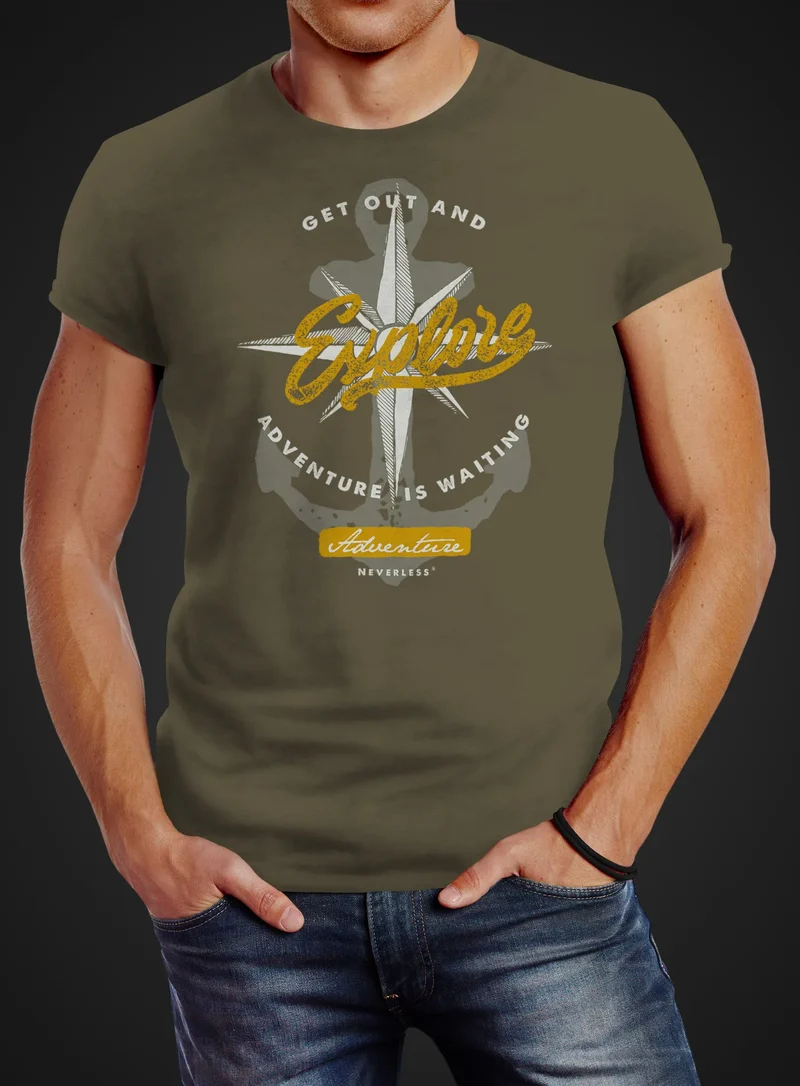 Herren T-Shirt Anker Windrose Nautical Adventure Go out and explore Abenteuer Slim Fit Baumwolle