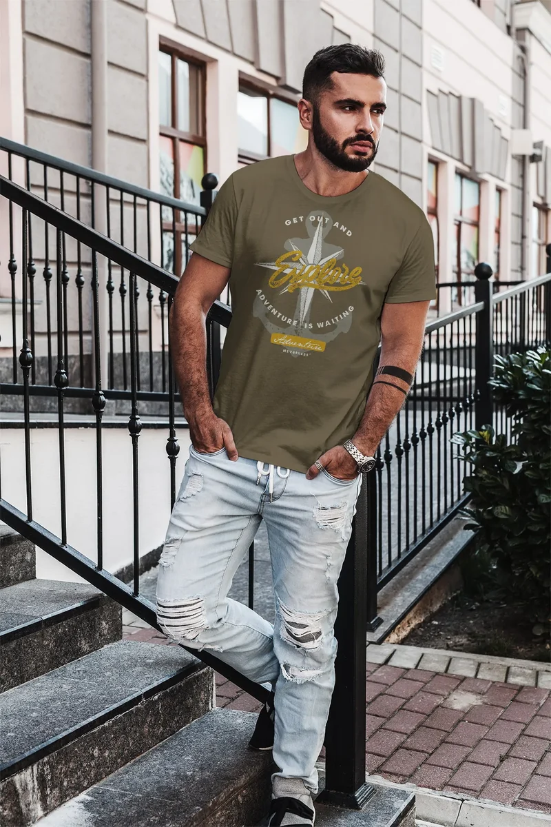 Herren T-Shirt Anker Windrose Nautical Adventure Go out and explore Abenteuer Slim Fit Baumwolle