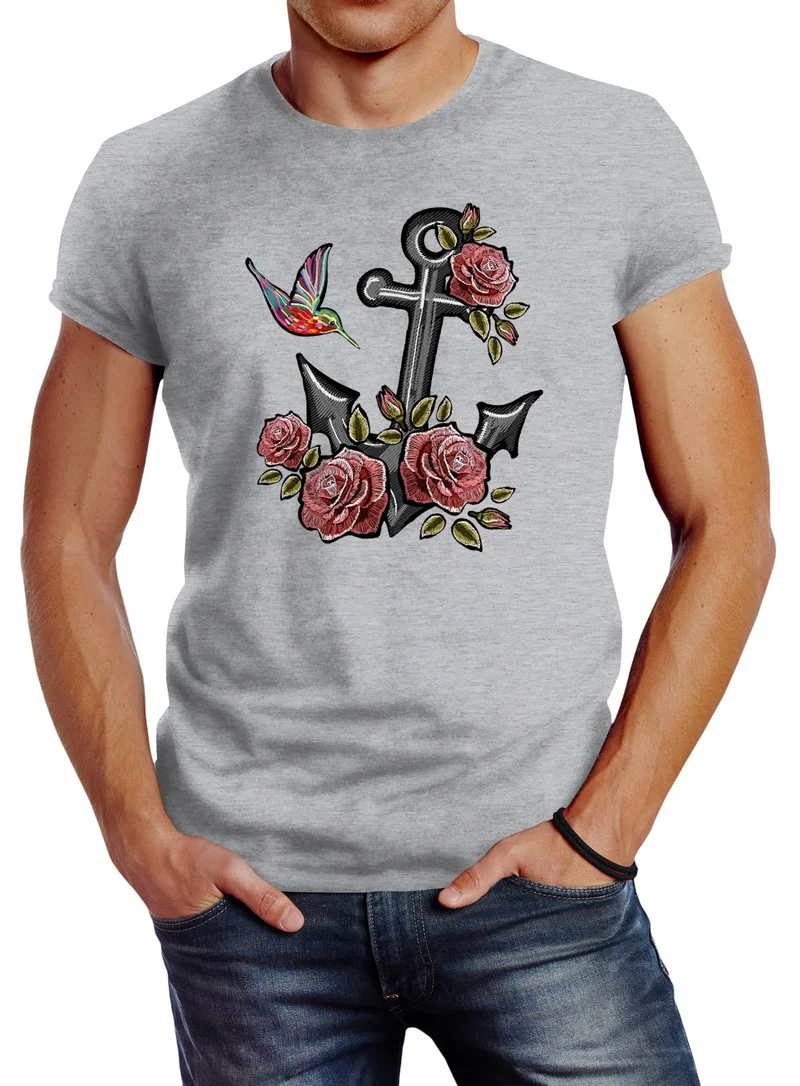 Herren T-Shirt Anker Rosen Patch Tropical Anchor Stick-Optik Slim Fit