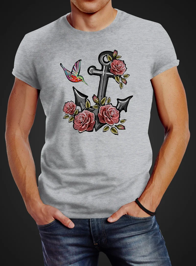 Herren T-Shirt Anker Rosen Patch Tropical Anchor Stick-Optik Slim Fit