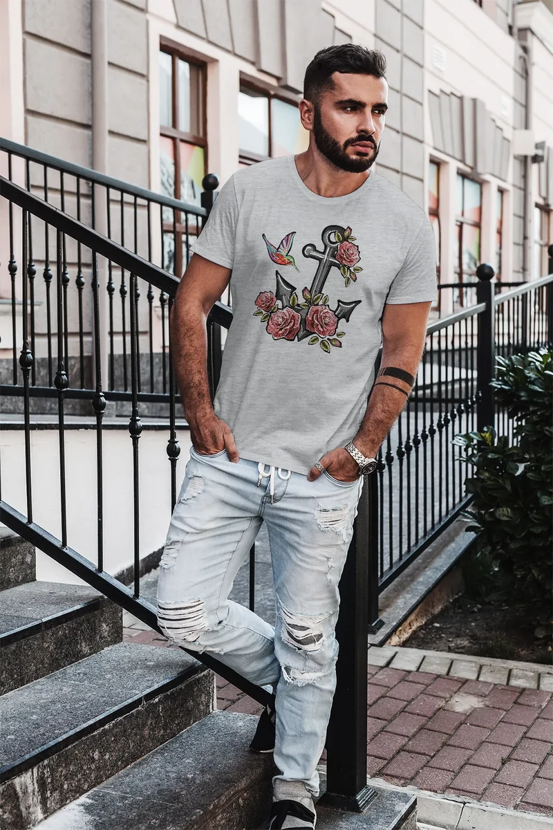 Herren T-Shirt Anker Rosen Patch Tropical Anchor Stick-Optik Slim Fit