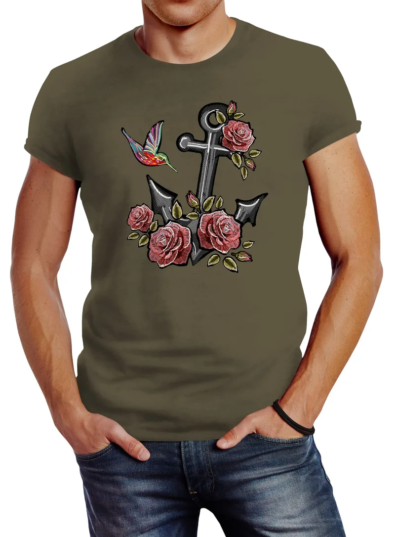 Herren T-Shirt Anker Rosen Patch Tropical Anchor Stick-Optik Slim Fit