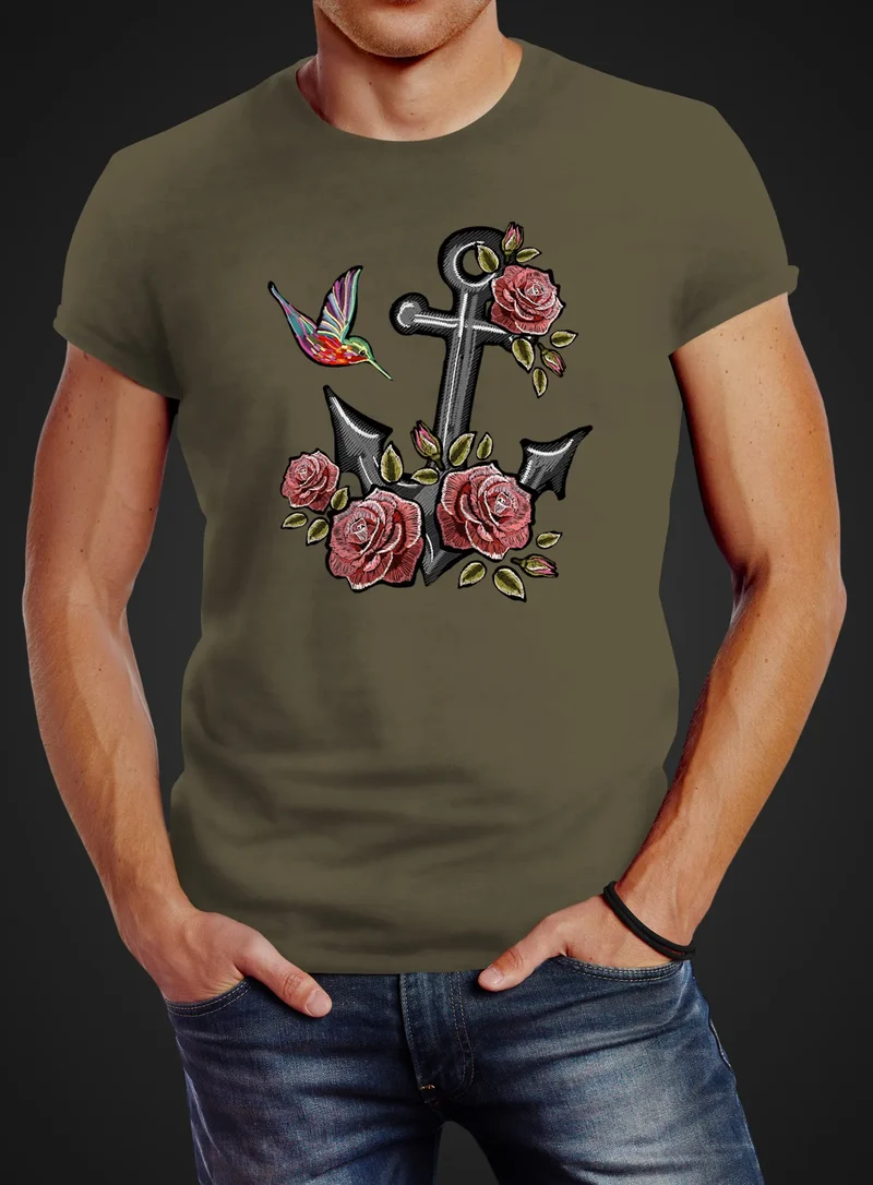 Herren T-Shirt Anker Rosen Patch Tropical Anchor Stick-Optik Slim Fit
