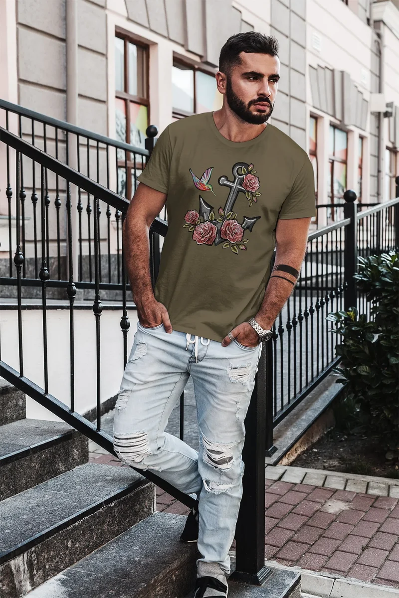 Herren T-Shirt Anker Rosen Patch Tropical Anchor Stick-Optik Slim Fit