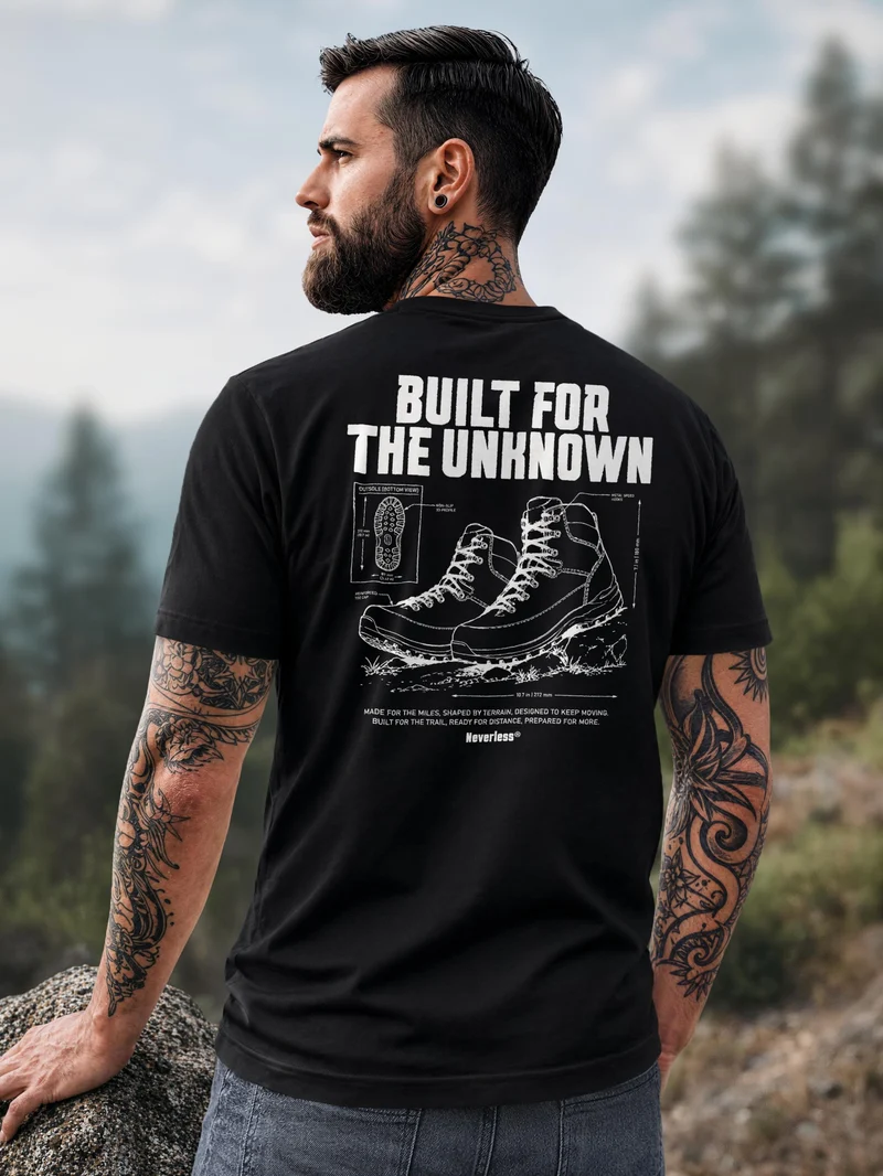 Herren T-Shirt Backprint Built for the Unknown Hiking Boots – Baumwollshirt Streetstyle Slim Fit