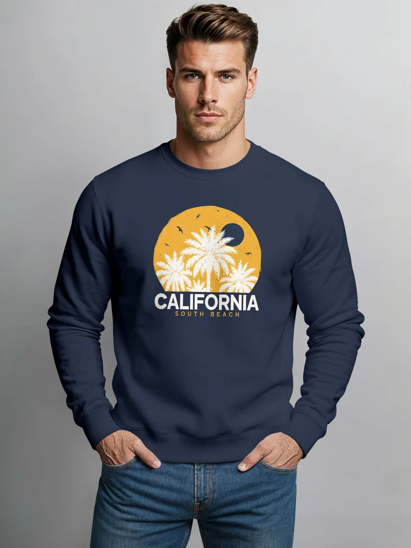 Sweatshirt Herren ohne Kapuze California Palmen Frontprint Rundhals-Pullover Fashion Streetwear