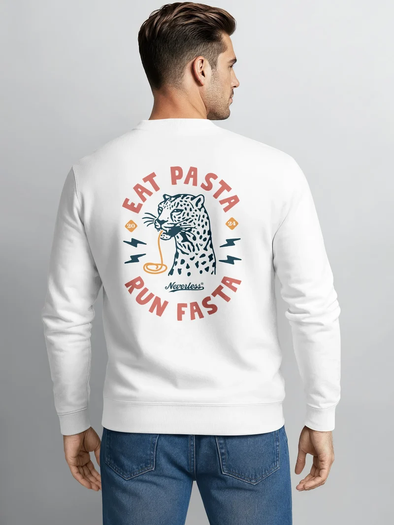 Sweatshirt Herren Pullover mit Backprint Eat Pasta Run Fasta Food Spaghetti Grafik Leopard Retro Streetwear Fashion