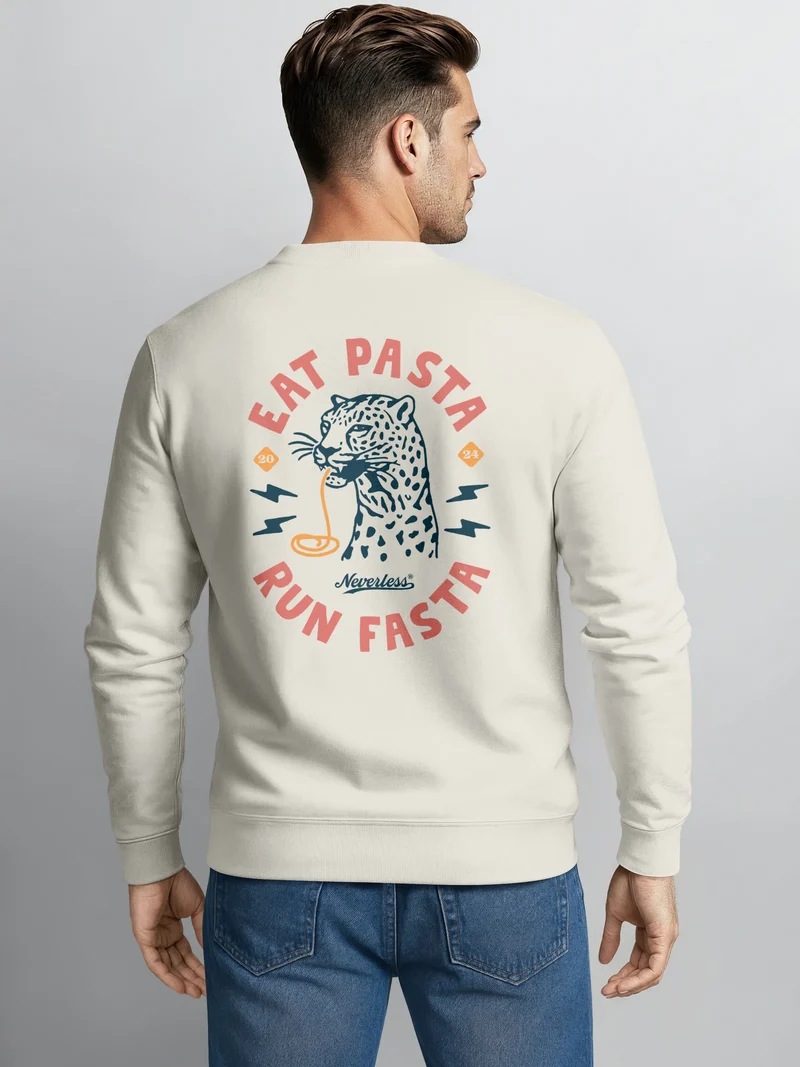Sweatshirt Herren Pullover mit Backprint Eat Pasta Run Fasta Food Spaghetti Grafik Leopard Retro Streetwear Fashion