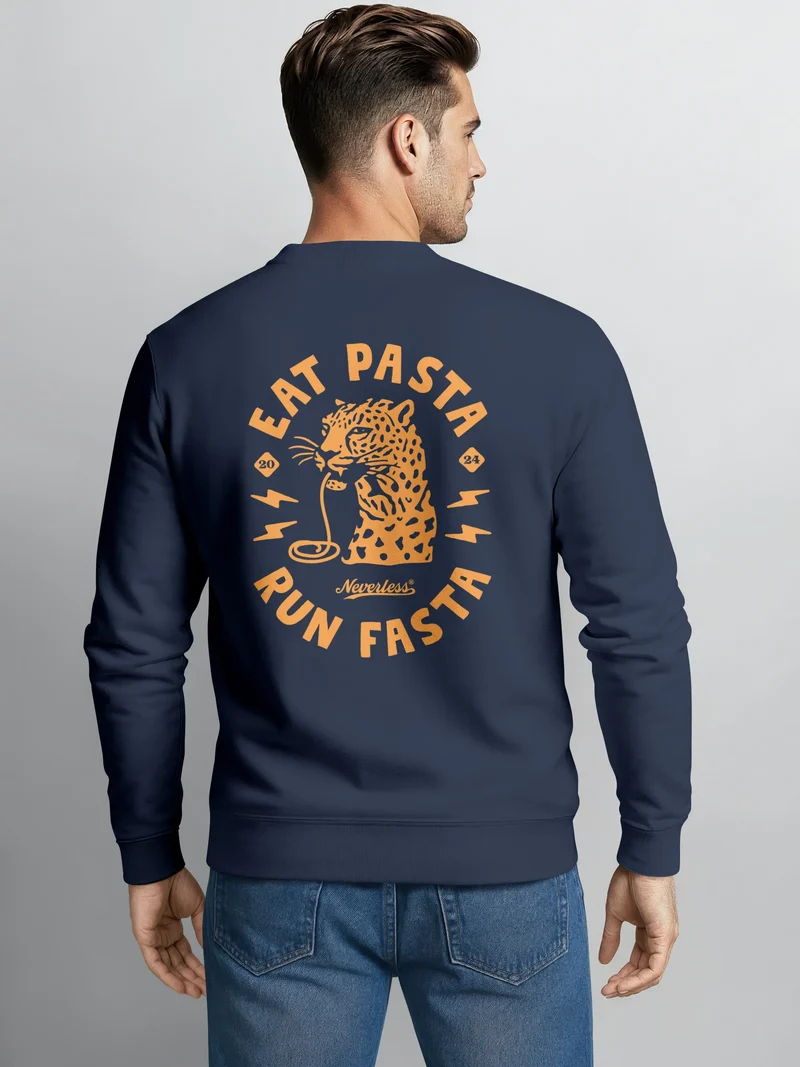 Sweatshirt Herren Pullover mit Backprint Eat Pasta Run Fasta Food Spaghetti Grafik Leopard Retro Streetwear Fashion