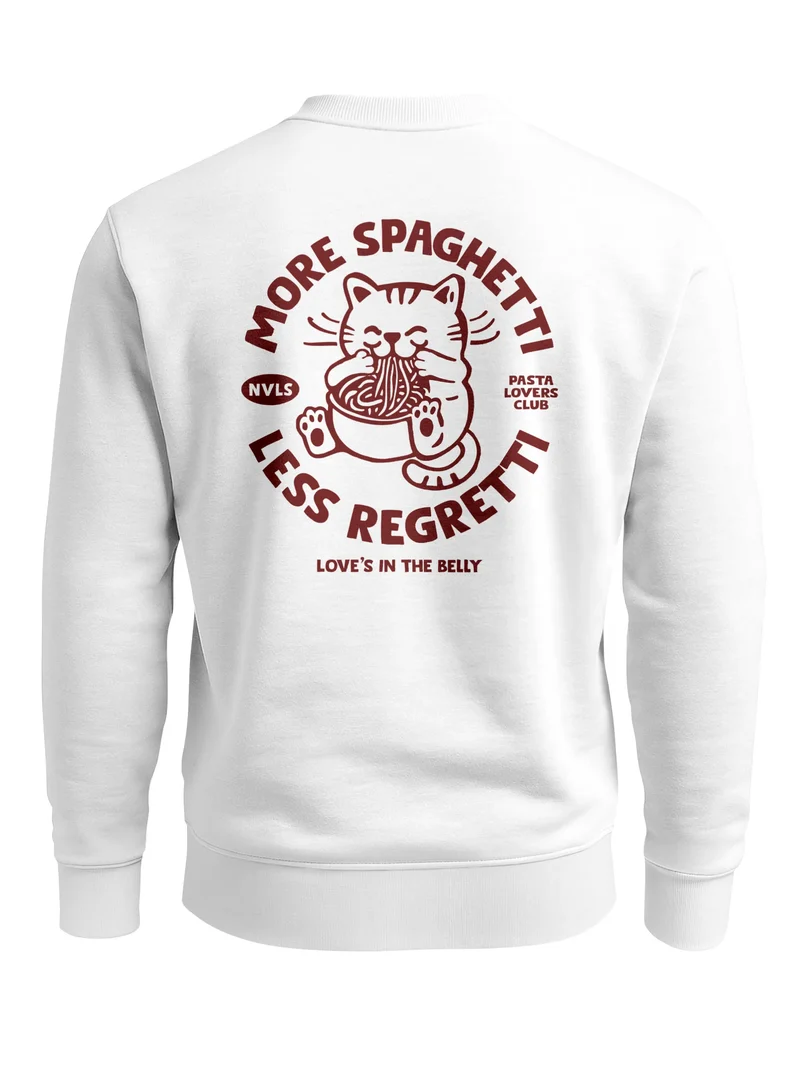 Sweatshirt Herren Pullover mit Backprint More Spaghetti Less Regretti Spruch Food Katze Funny Streetwear