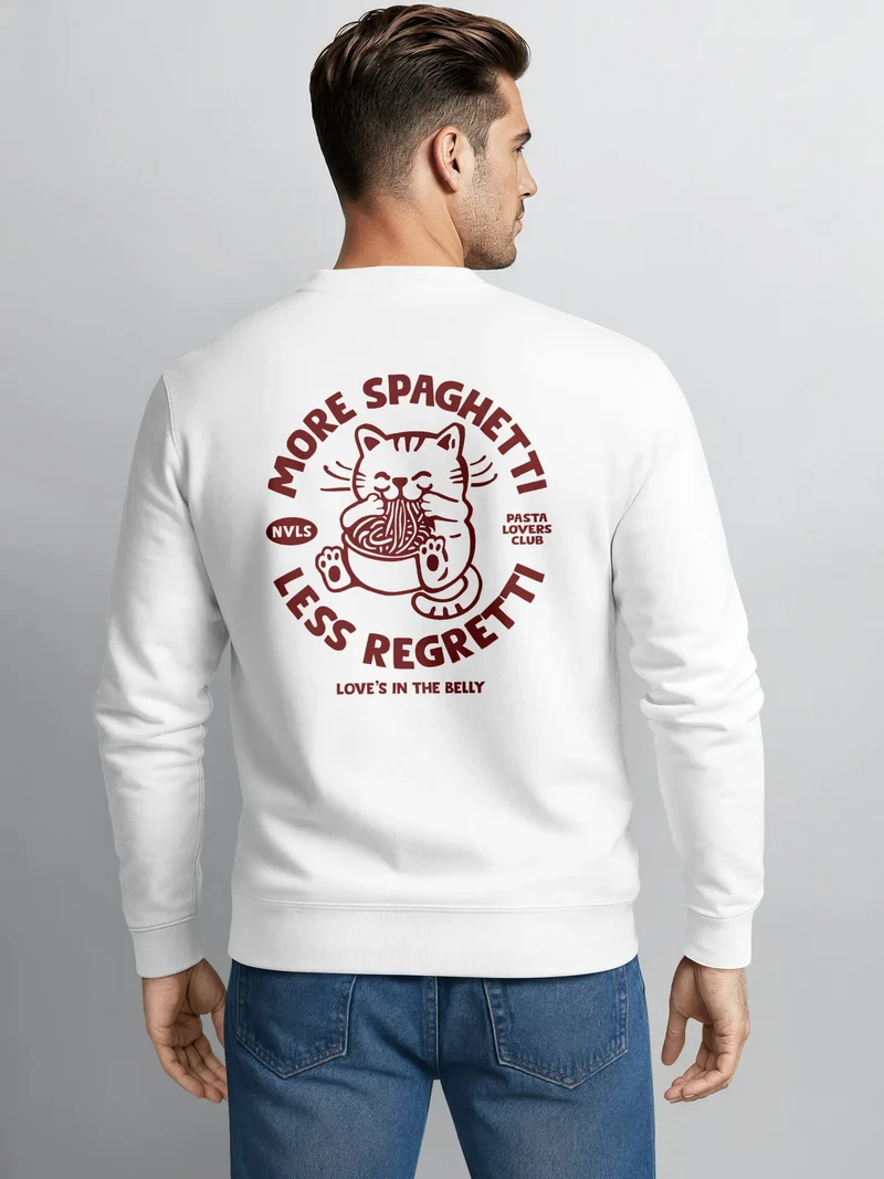 Sweatshirt Herren Pullover mit Backprint More Spaghetti Less Regretti Spruch Food Katze Funny Streetwear