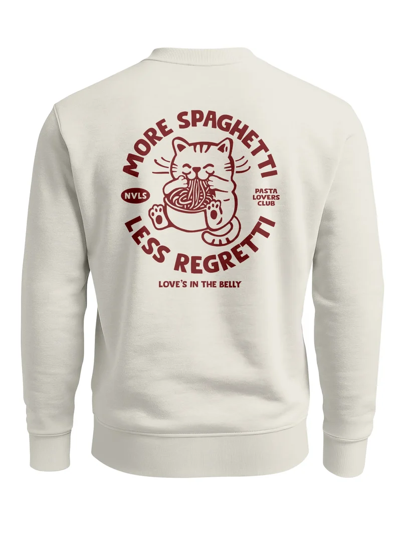 Sweatshirt Herren Pullover mit Backprint More Spaghetti Less Regretti Spruch Food Katze Funny Streetwear